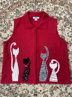 Grannycore Women’s Size Large Alia Red Knit Vest with Cat Motif Bling Warm